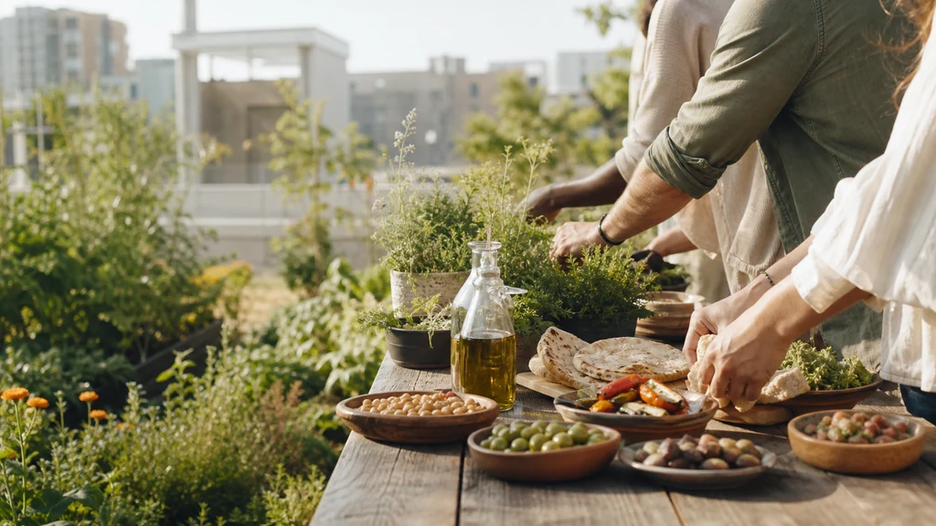 Hands preparing Mediterranean food beside an urban community garden