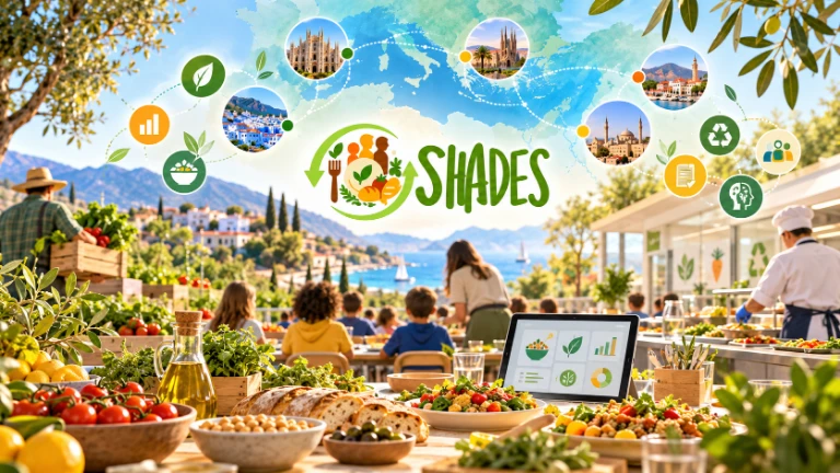 SHADES illustration connecting Mediterranean producers, school meals and the five pilot cities
